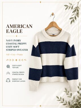 American Eagle Navy Ivory Coastal Preppy Cozy Soft Girl Striped Sweater Large